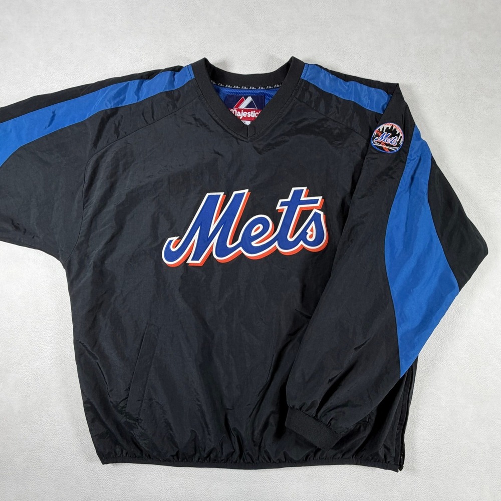 Majestic New York Mets Mens XL V-Neck Windbreaker Pullover Black Blue MLB